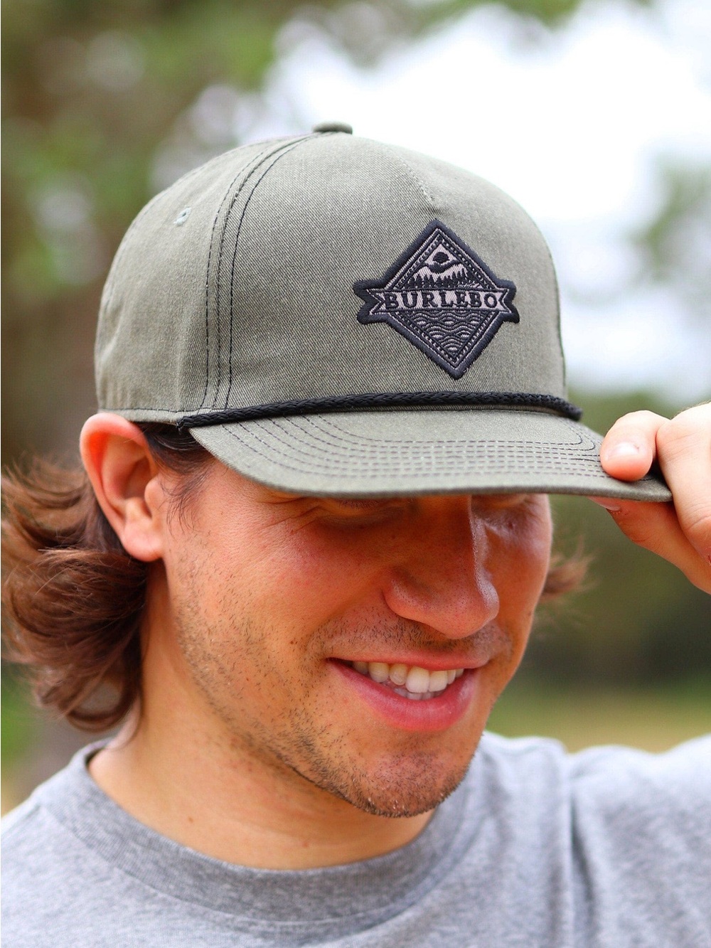 BURLEBO Baseball Hat in Dark Moss Twill Signature Embroidered Logo With Rope